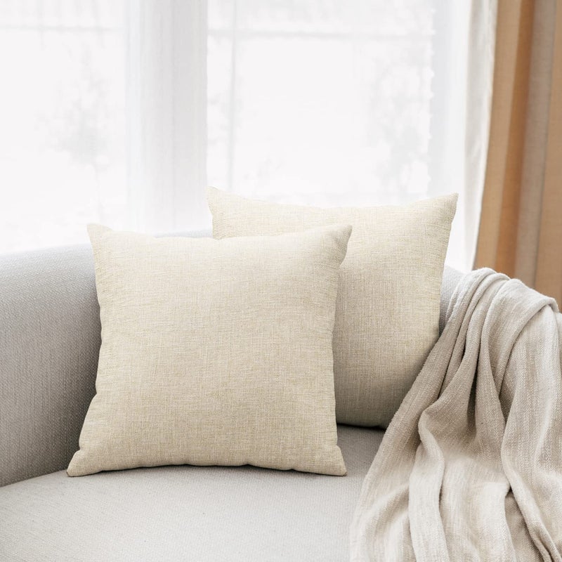 All Smiles Beige Linen Throw Pillow Covers 20x20 Set of 2 Neutral Khaki Decorative Farmhouse DÃ©cor Burlap Cushion Cases Home Natural Decorations Indoor Outdoor for Bed Sofa Couch Patio - Image 1